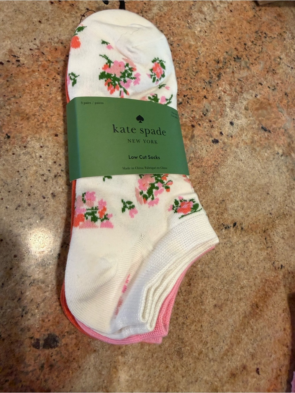 NWT Kate Spade  floral low cut socks - white with pink & green. 3 pack